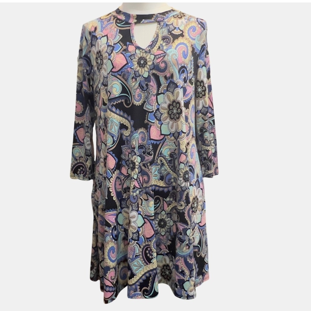 Cabo Boutique Womens Paisley Floral Keyhole A-Line‎ Swing Dress 3/4 Sleeve Boho
